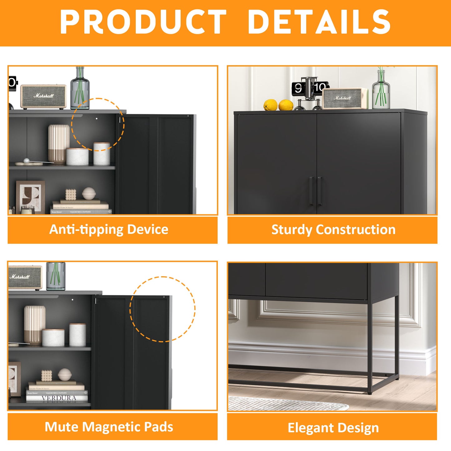 Heavy Duty Metal Buffet Sideboard Modern Steel Storage Cabinet With 2 Shelves, Free Standing Accent Cabinet With Magnetic Doors For Bedroom, Kitchen, And Home Office, Anti-Tip Design - Black