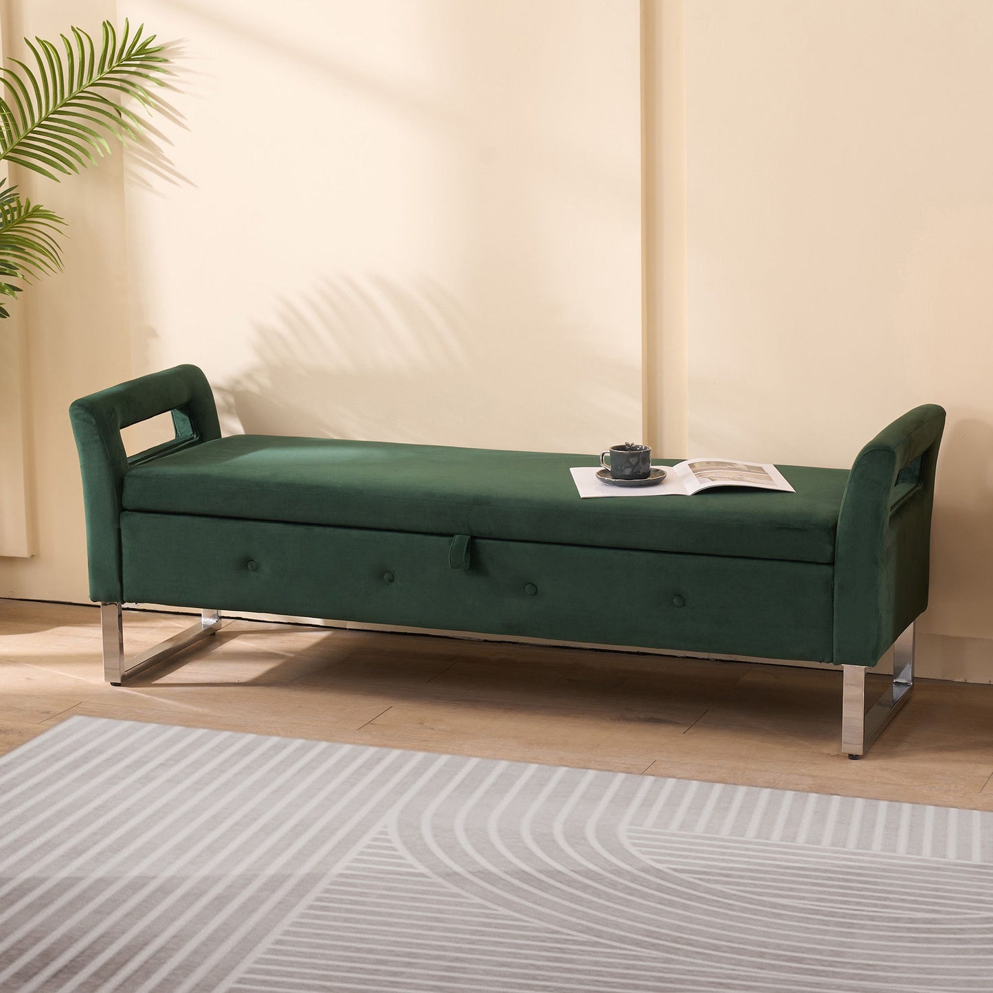 Wide Storage Soft Ottoman Bench With Armrests, Footrest Bed End Stool For Living Room, Dorm, Entryway And Bedroom - Green