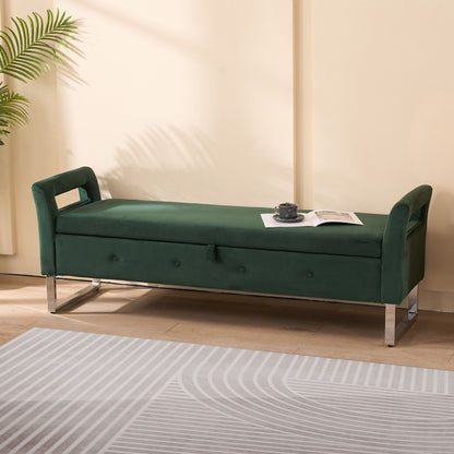 Wide Storage Soft Ottoman Bench With Armrests, Footrest Bed End Stool For Living Room, Dorm, Entryway And Bedroom - Green