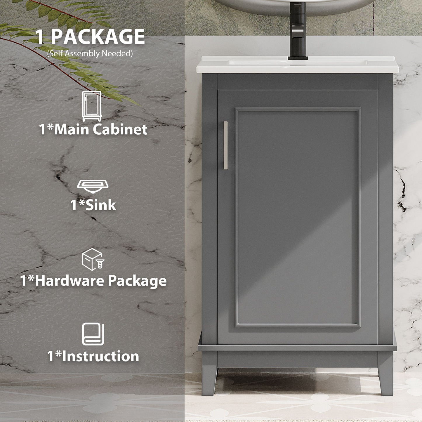 Modern Small Bathroom Vanity Cabinet With Ceramic Basin, Ample Storage, 1 Soft-Close Door - Gray