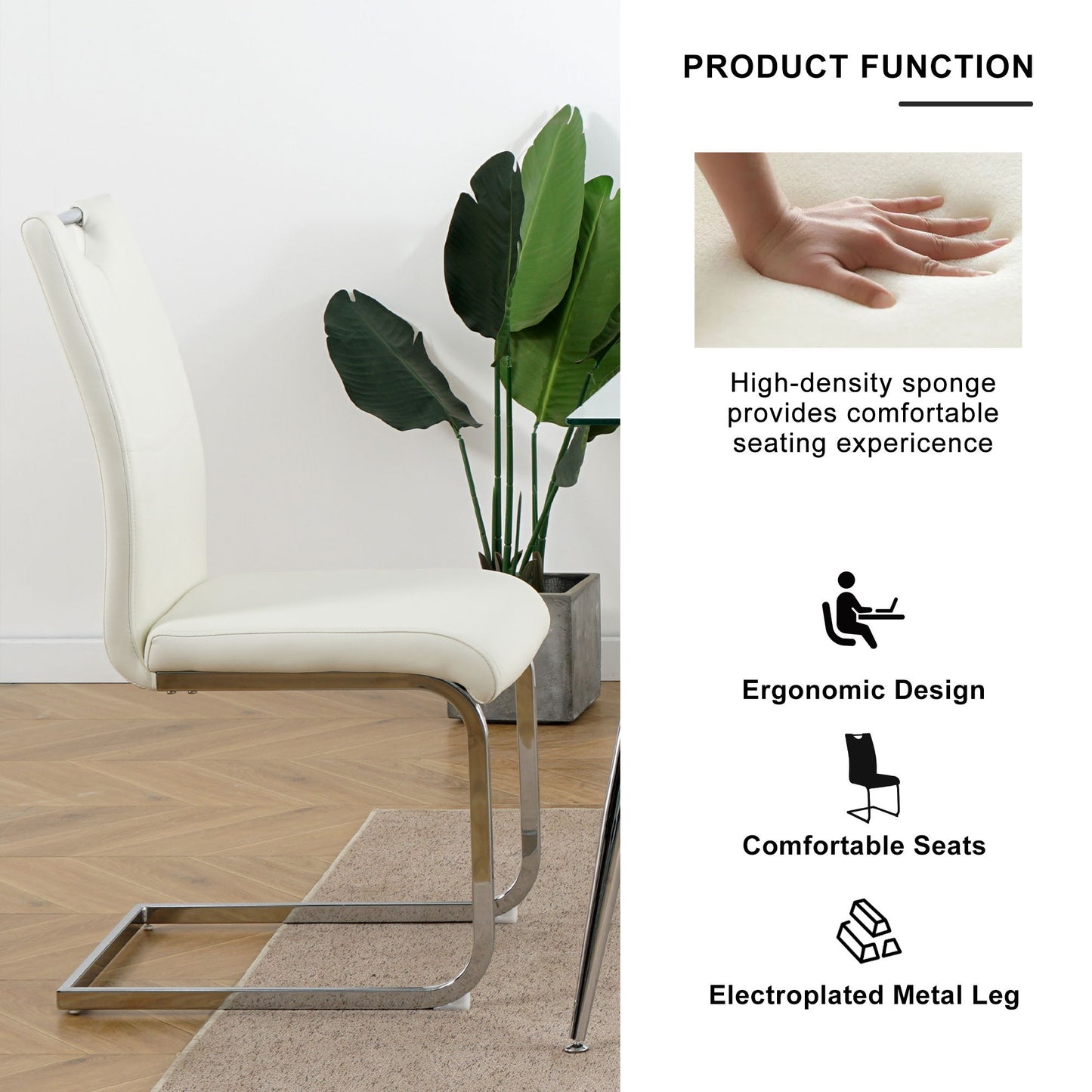 Modern Dining Chairs With Faux Leather Padded Seat And Chrome Metal Legs For Kitchen, Living, Bedroom, Dining Room - White / Silver