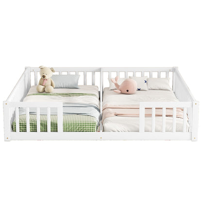 Double Twin Floor Bed With Fence, Guardrails, Without Door - White
