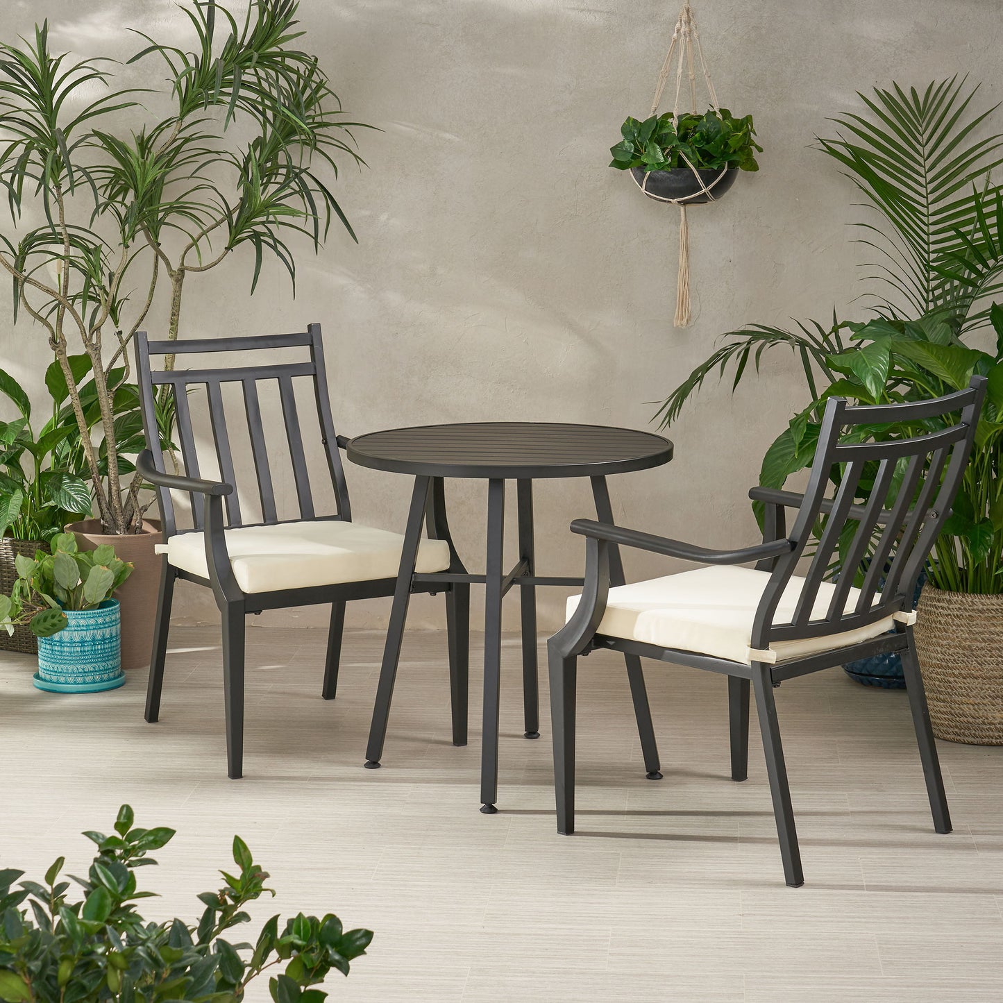 3 Piece Metal Bistro Set With 2 Curved Armrest Chairs - Black