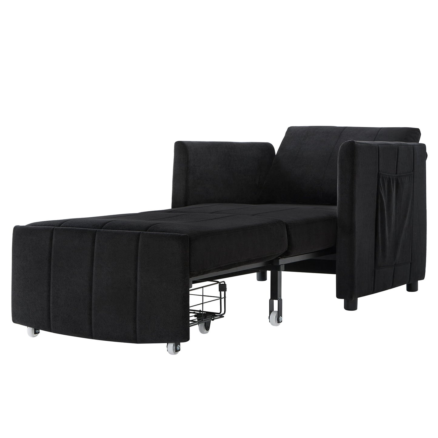 Upholstered Convertible Sleeper Sofa With 5 Position Backrest, Side Pockets, Storage - Black