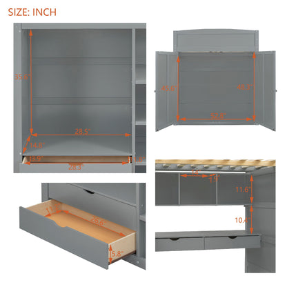 Full Size Loft Bed With Desk, Wardrobes, 4 Drawers And 4 Shelves - Gray