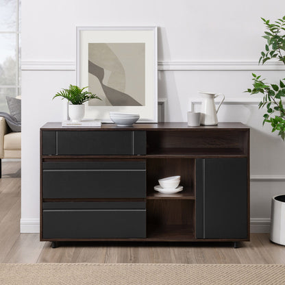 Contemporary Detailed Door Sideboard With Open Storage - Dark Espresso / Solid Black