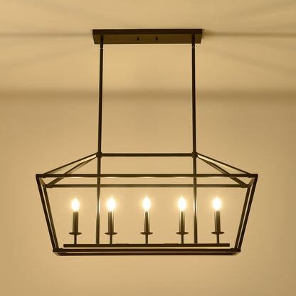 5 Light Farmhouse Kitchen Island Lighting, 5 Light Industrial Linear Chandelier For Dining Room Metal Hanging Pendant Light Fixture For Bedroom Living Room Hallway Conference Room - Matte Black
