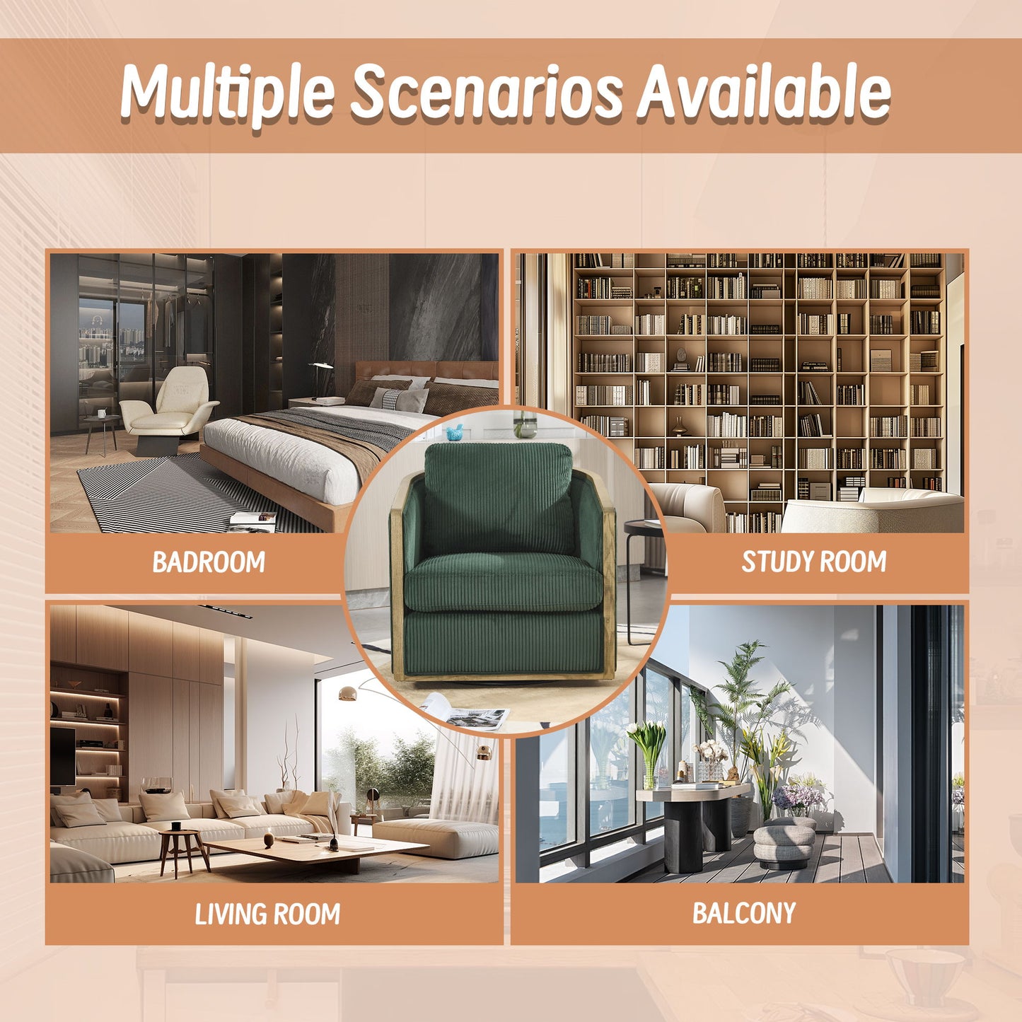 Corduroy Swivel Barrel Chair, Comfortable Accent Sofa Chair With 360 Degree Swivel For Living Room - Emerald