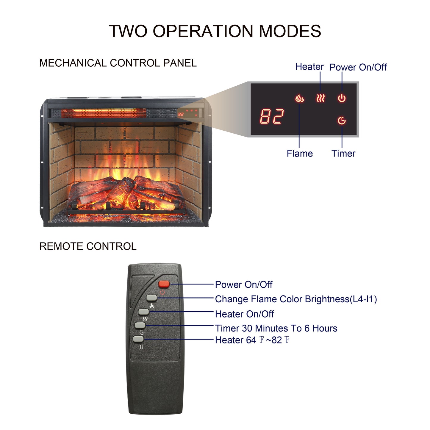 23" Infrared Quartz Heater Fireplace Insert -Woodlog Version With Brick - Antique Black