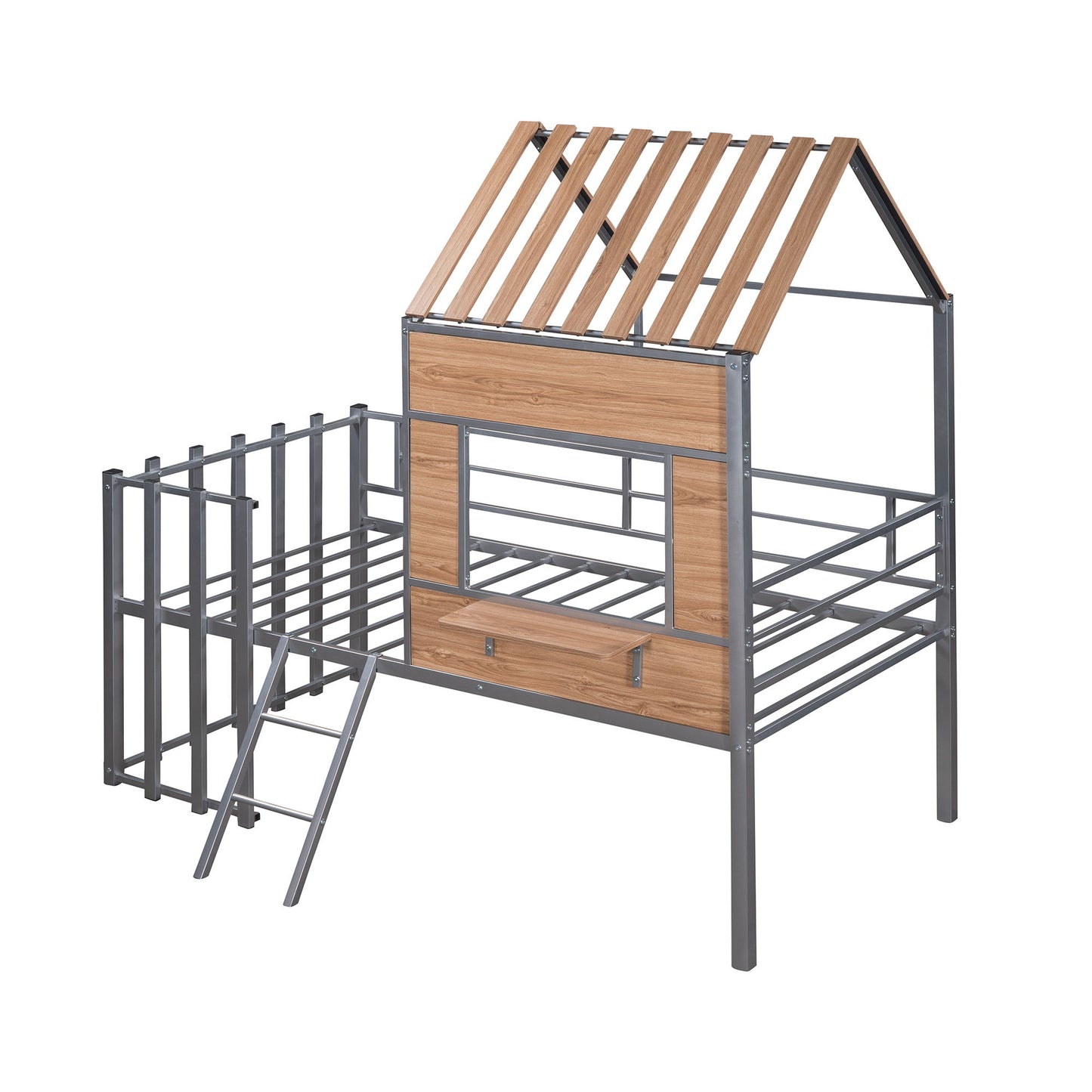 Twin Size Loft Bed With Roof, Window, Guardrail, Ladder - Silver