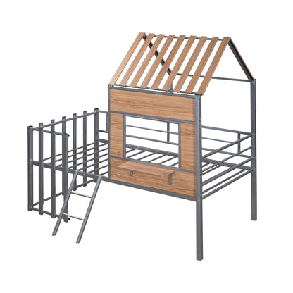 Twin Size Loft Bed With Roof, Window, Guardrail, Ladder - Silver