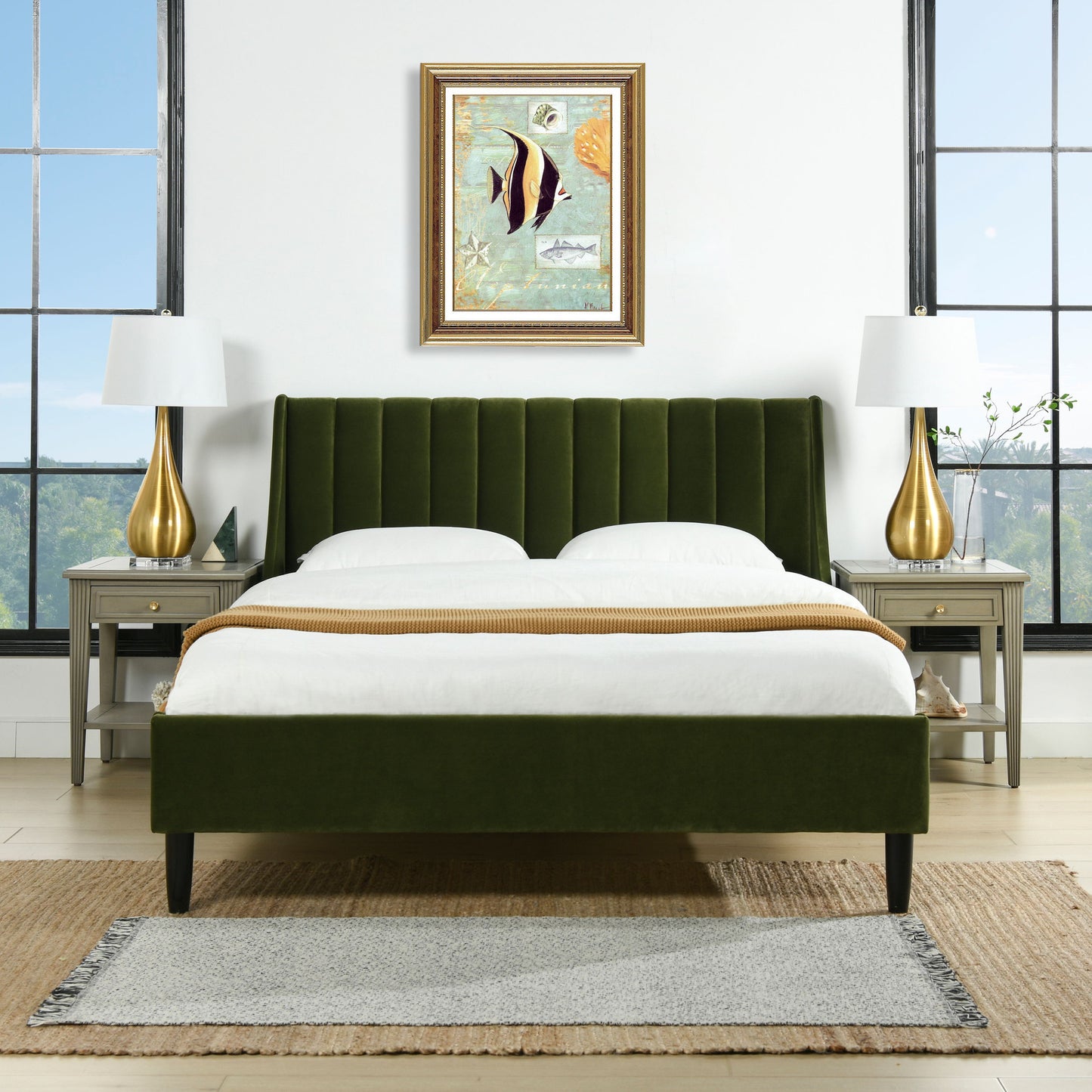 Aspen - Queen Vertical Tufted Modern Headboard Platform Bed Set - Olive Green