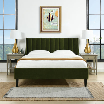 Aspen - Queen Vertical Tufted Modern Headboard Platform Bed Set - Olive Green