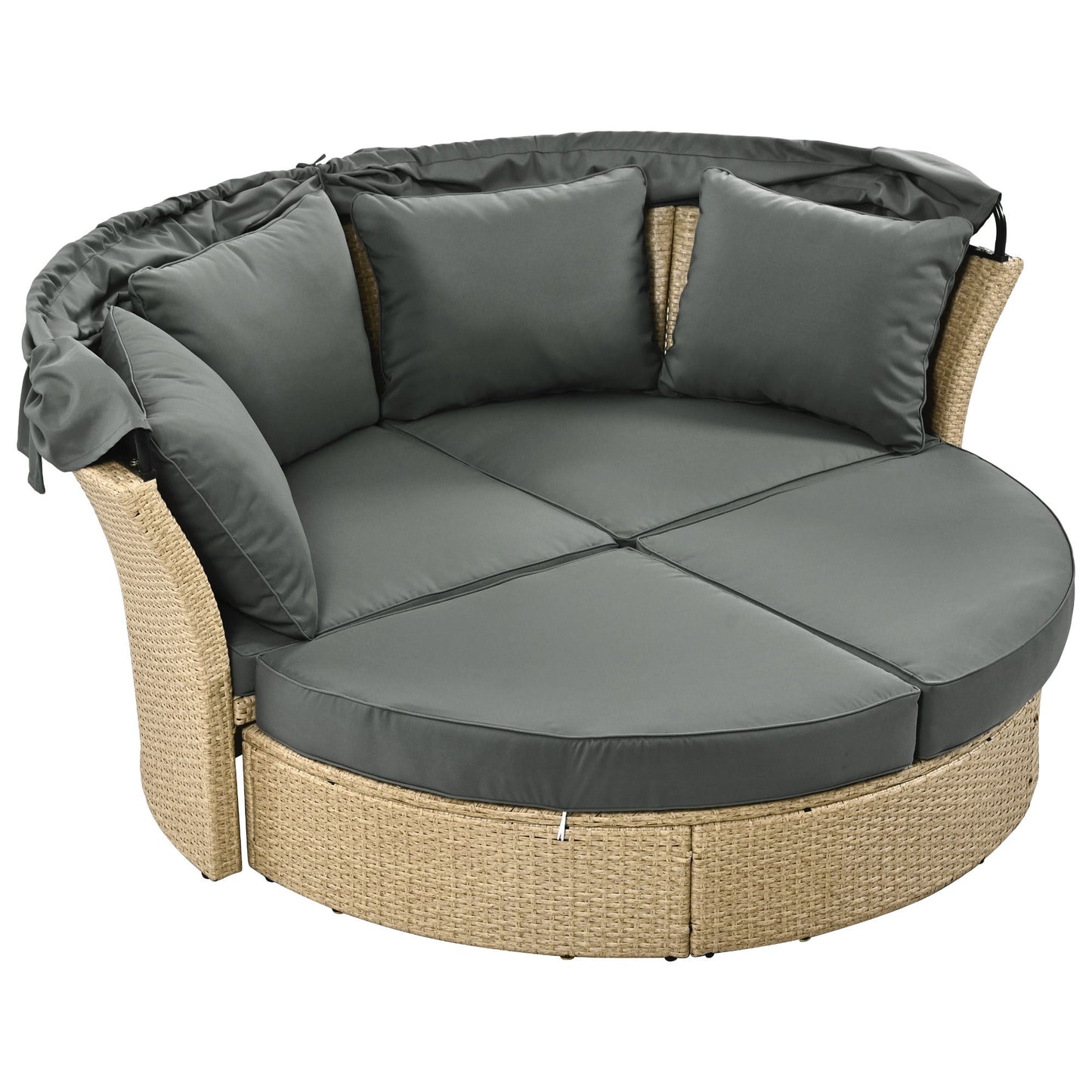 Outdoor Patio Daybed Wicker Rattan Double Daybed Round Sofa Furniture Set With Retractable Canopy, 4 Pillows For Lawn Garden Backyard Porch Pool - Gray