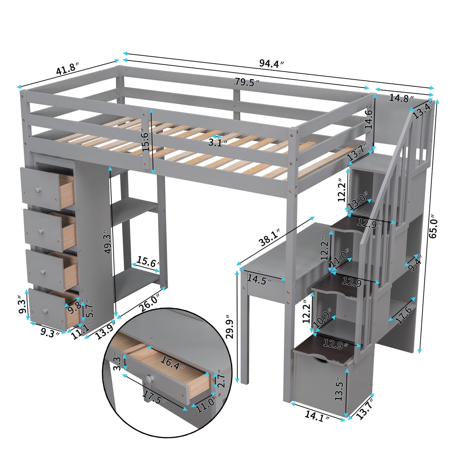 Twin Size Loft Bed With Storage Drawers, Desk And Stairs With Shelves - Gray