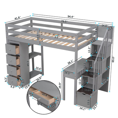 Twin Size Loft Bed With Storage Drawers, Desk And Stairs With Shelves - Gray