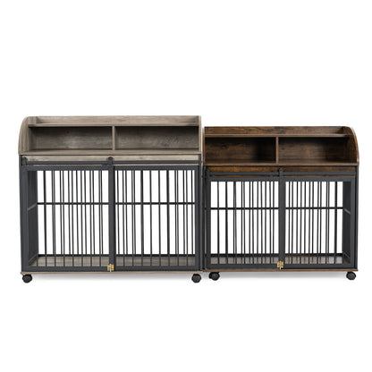 44'' Heavy Duty Large Dog Crate Furniture For Large Medium Dog With Lockable Wheels, Wooden Dog Crate Dog Kennel, End Table Crate With Double Layer Storage - Gray