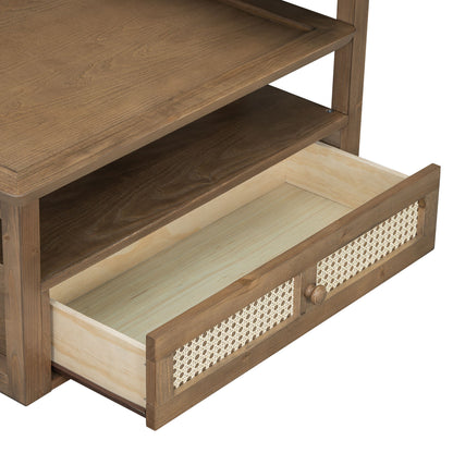 Modern Coffee Table, Coffee Table With 1 Storage Shelf, 2 Tabletops And 1 Rattan Drawer For Living Room - Dark Brown