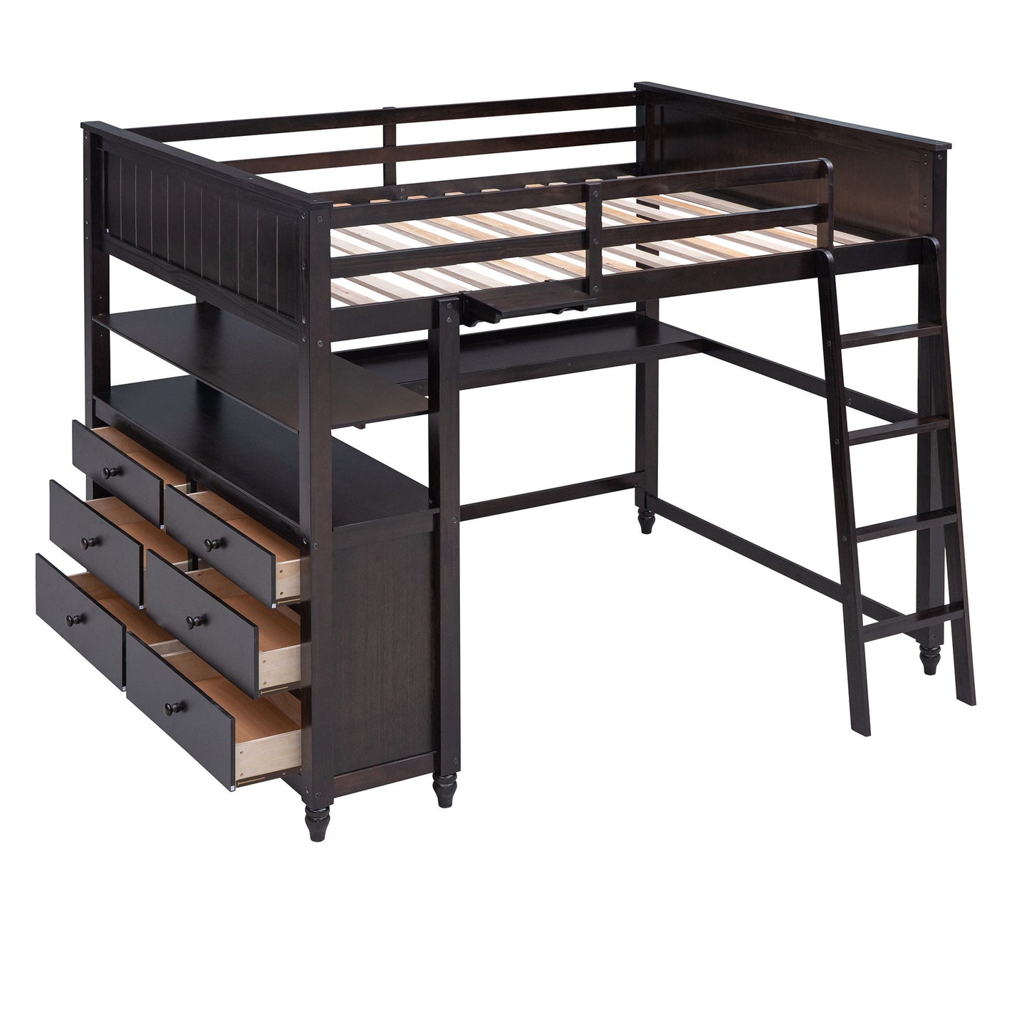 Full Size Loft Bed With Drawers And Desk With Shelves - Espresso