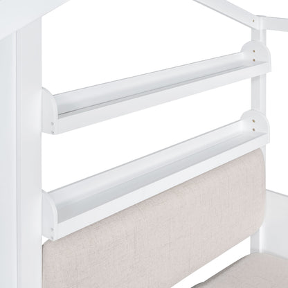Twin Size House Bed With Sofa, Kids Platform Bed With 2 Drawers And Storage Shelf - White