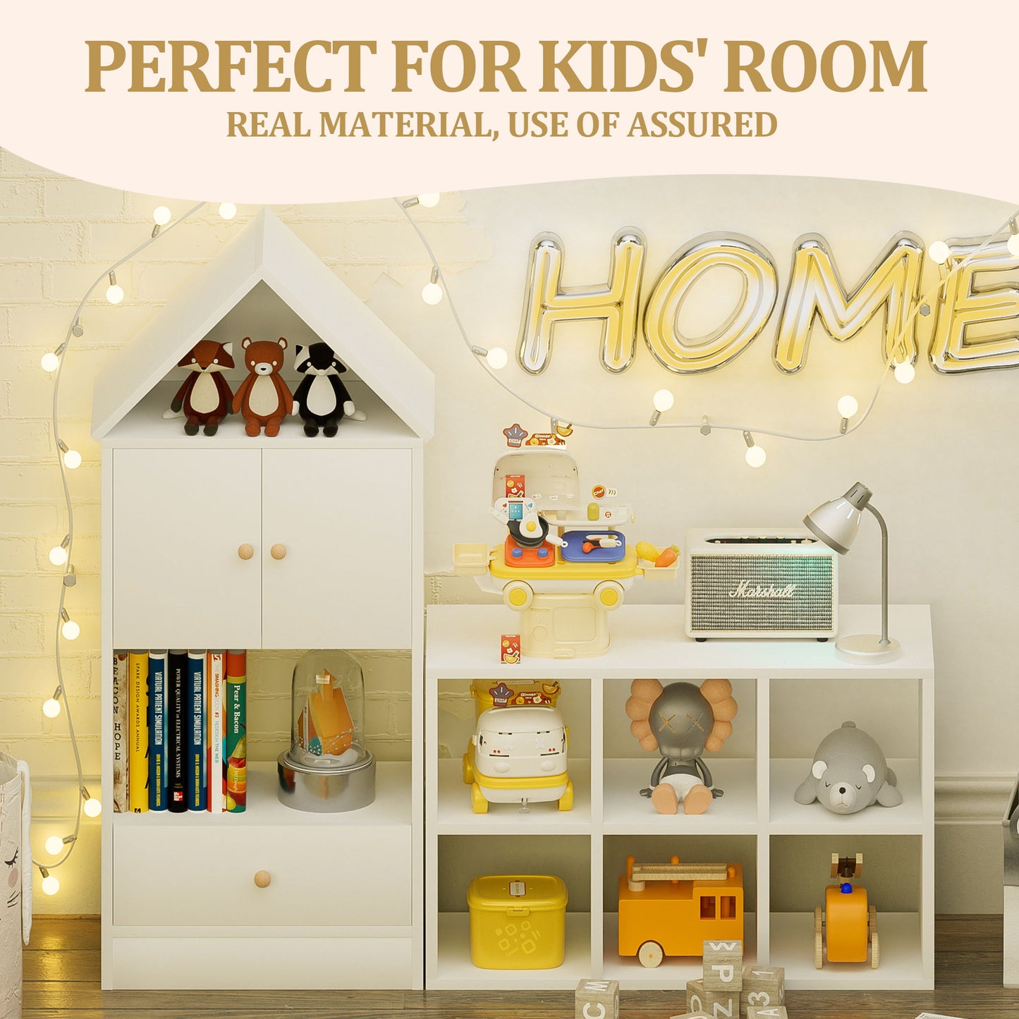 Versatile Kids Bookshelf With House-Shaped Design Multifunctional Storage, Durable - White
