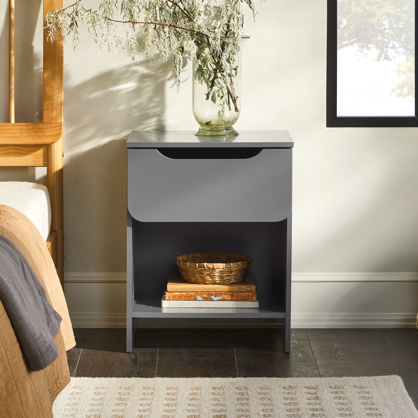 Modern Minimalist 1 Drawer Nightstand With Cubby - Dark Gray