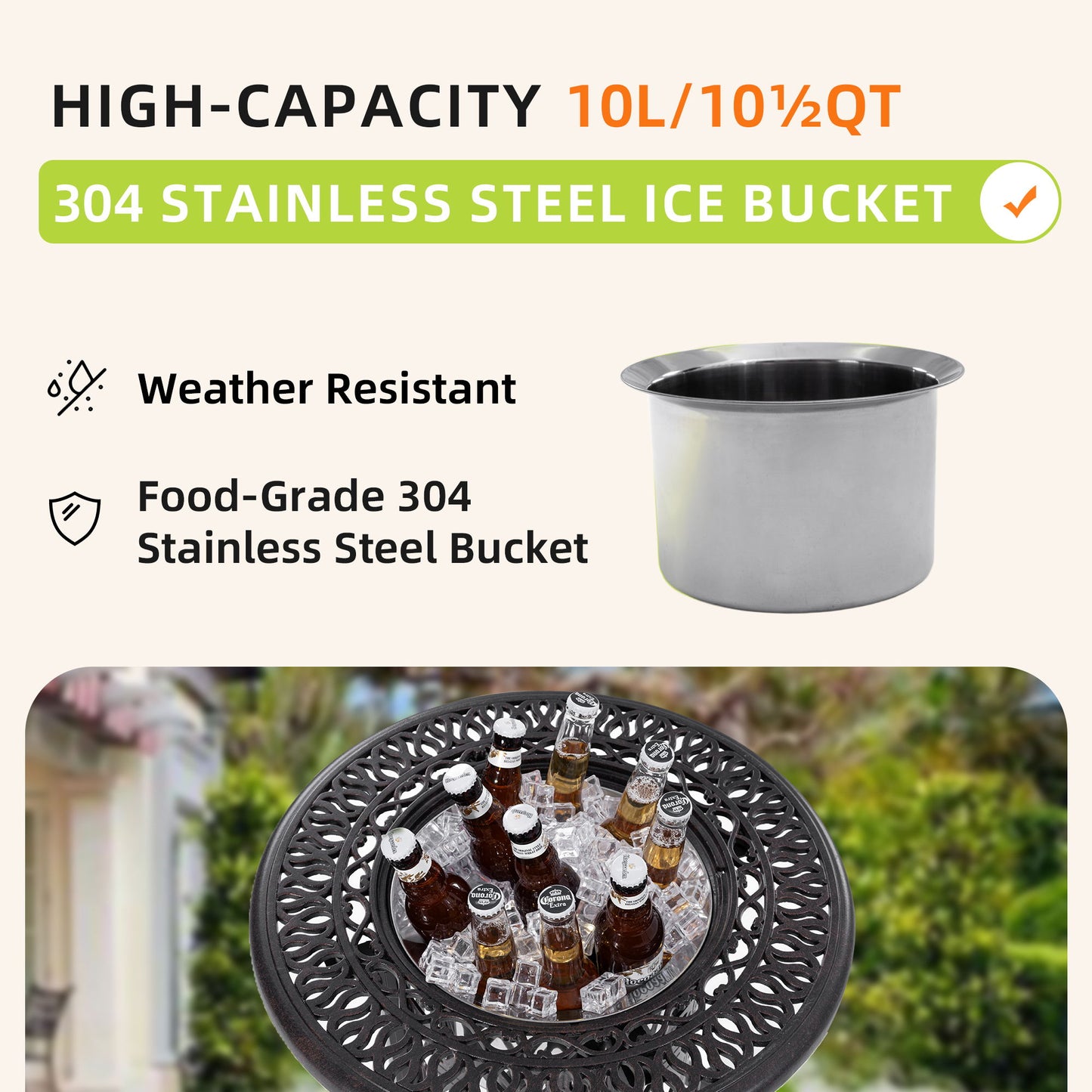 Side Table With Removable Ice Bucket, Hand Brushed Finish, Food Grade Bucket For Indoor & Outdoor Use - Antique Bronze