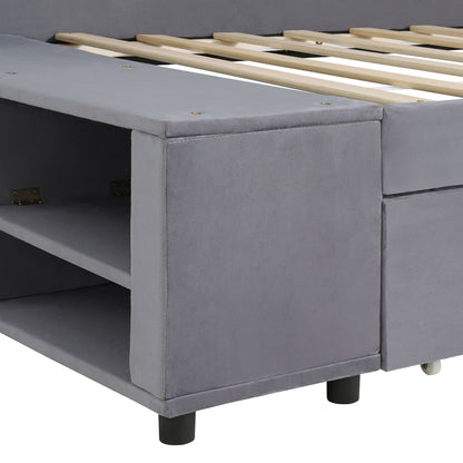 Twin L Shaped Upholstered Platform Bed With Storage Drawers - Gray
