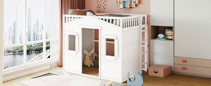 Full Size House Loft Bed With Ladder - White