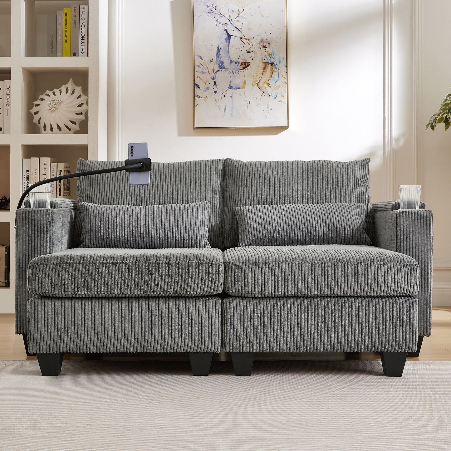 Convertible Chaise Lounge Loveseat Sofa Bed With USB Ports, Cup Holders, Phone Holder, Ample Storage - Gray