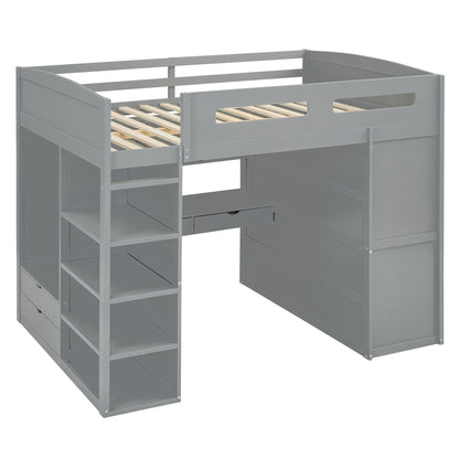 Full Size Loft Bed With Desk, Wardrobes, 4 Drawers And 4 Shelves - Gray