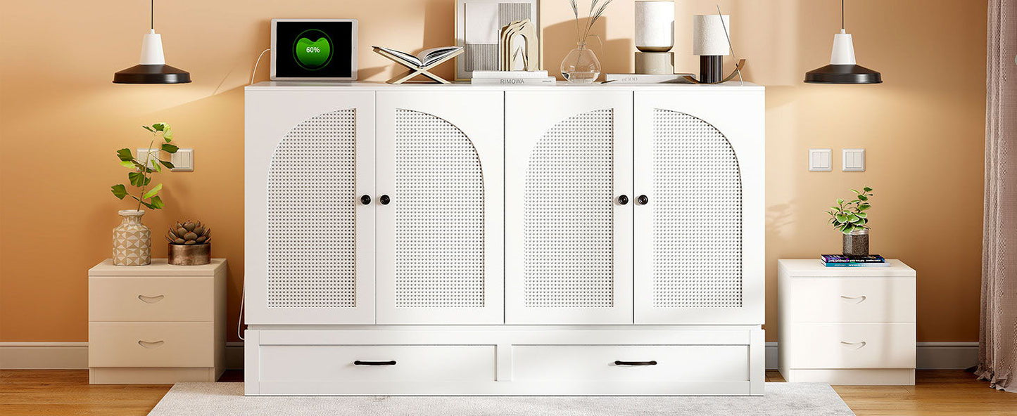 Queen Size Murphy Bed With Large Drawers - White