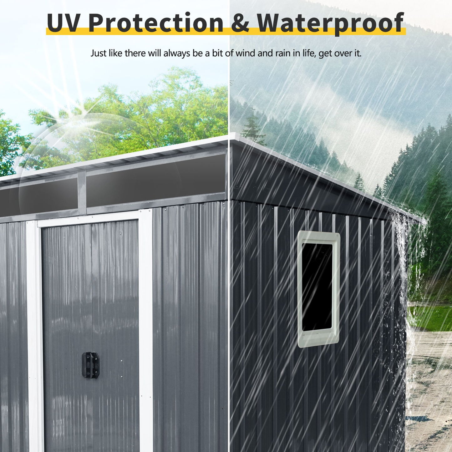 6Ft X 5Ft Outdoor Metal Storage Shed With Window And Transparent Plate For Garden, Lawn - Black / White