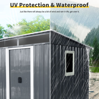 6Ft X 5Ft Outdoor Metal Storage Shed With Window And Transparent Plate For Garden, Lawn - Black / White