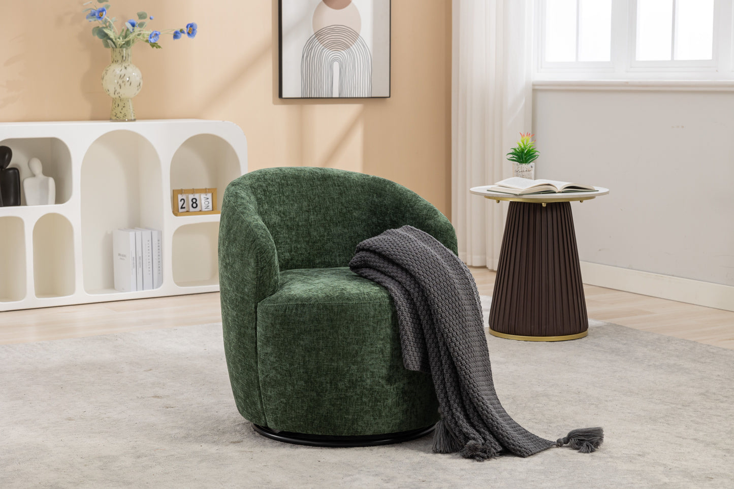 Chenille Fabric Swivel Accent Armchair Barrel Chair With Black Powder Coating Metal Ring - Green