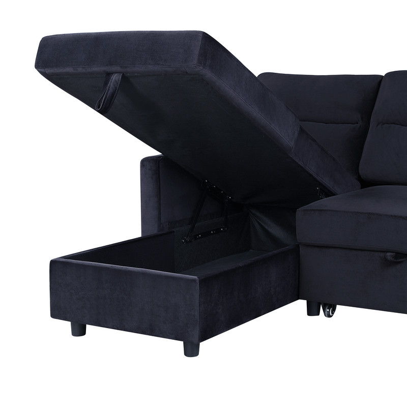 Ivy - Velvet Reversible Sleeper Sectional Sofa With Storage Chaise And Side Pocket - Black
