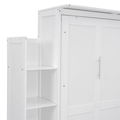 Full Size Murphy Wall Bed With Shelves And LED Lights - White