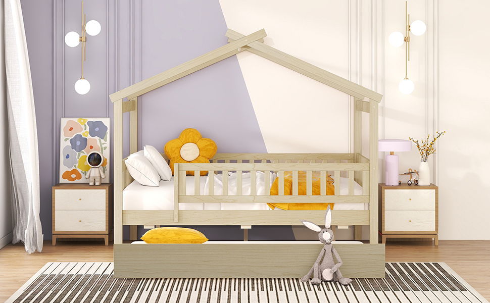 Full Size House Bed With Twin Size Trundle - Natural