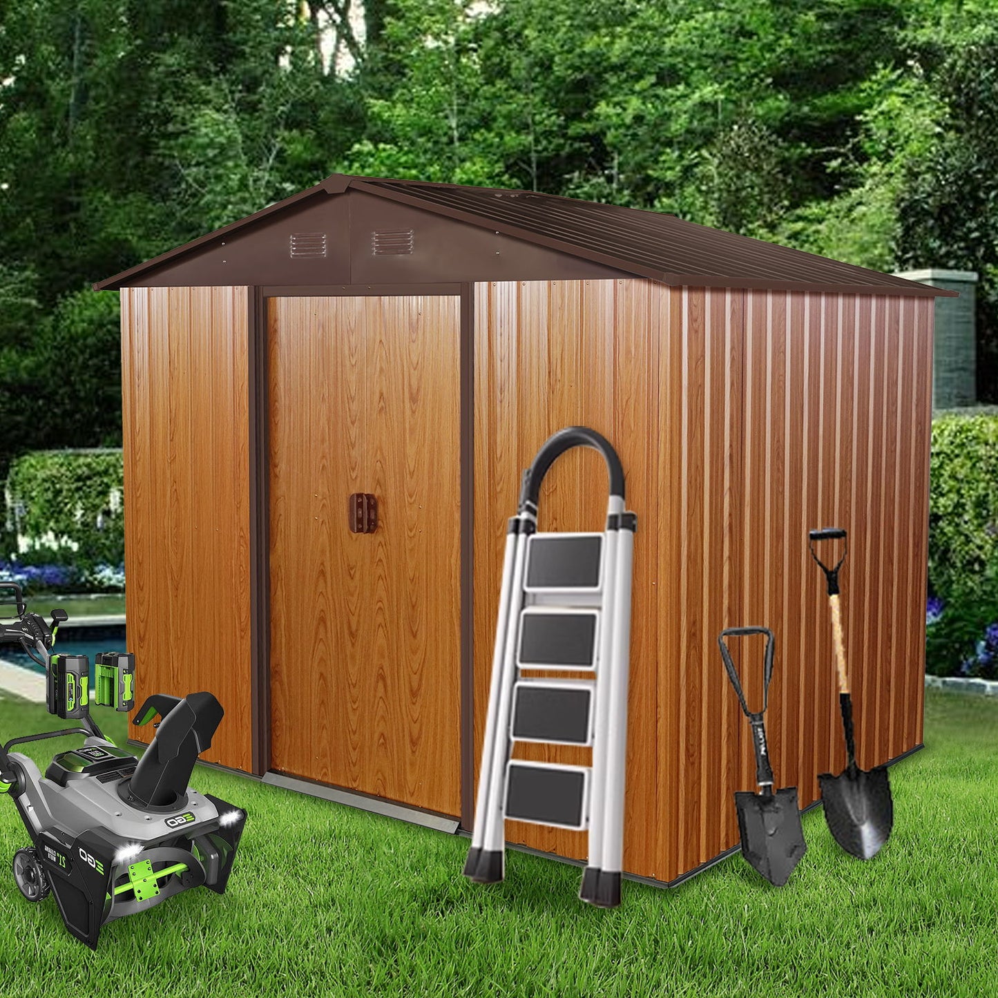 Outdoor Metal Storage Shed With Floor Base - Coffee