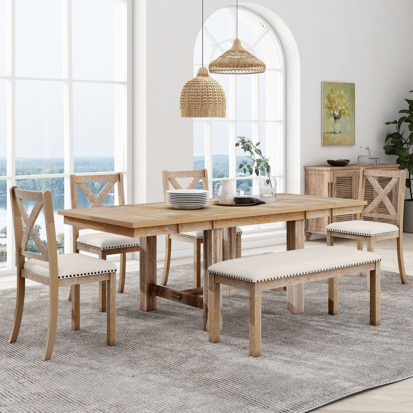 Topmax - 6 Piece Farmhouse Extendable Dining Table With Footrest, 4 Upholstered Dining Chairs And Dining Bench, Two 11" Removable Leaf - Natural / Beige