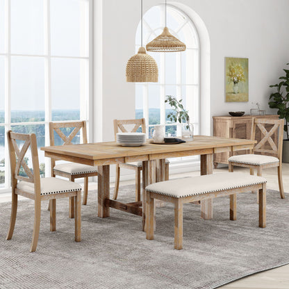 Topmax - 6 Piece Farmhouse Extendable Dining Table With Footrest, 4 Upholstered Dining Chairs And Dining Bench, Two 11" Removable Leaf - Natural / Beige