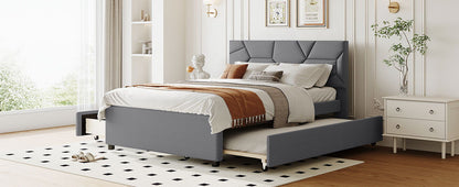 Full Size Upholstered Platform Bed With Brick Pattern Headboard, With Twin Size Trundle And 2 Drawers - Gray