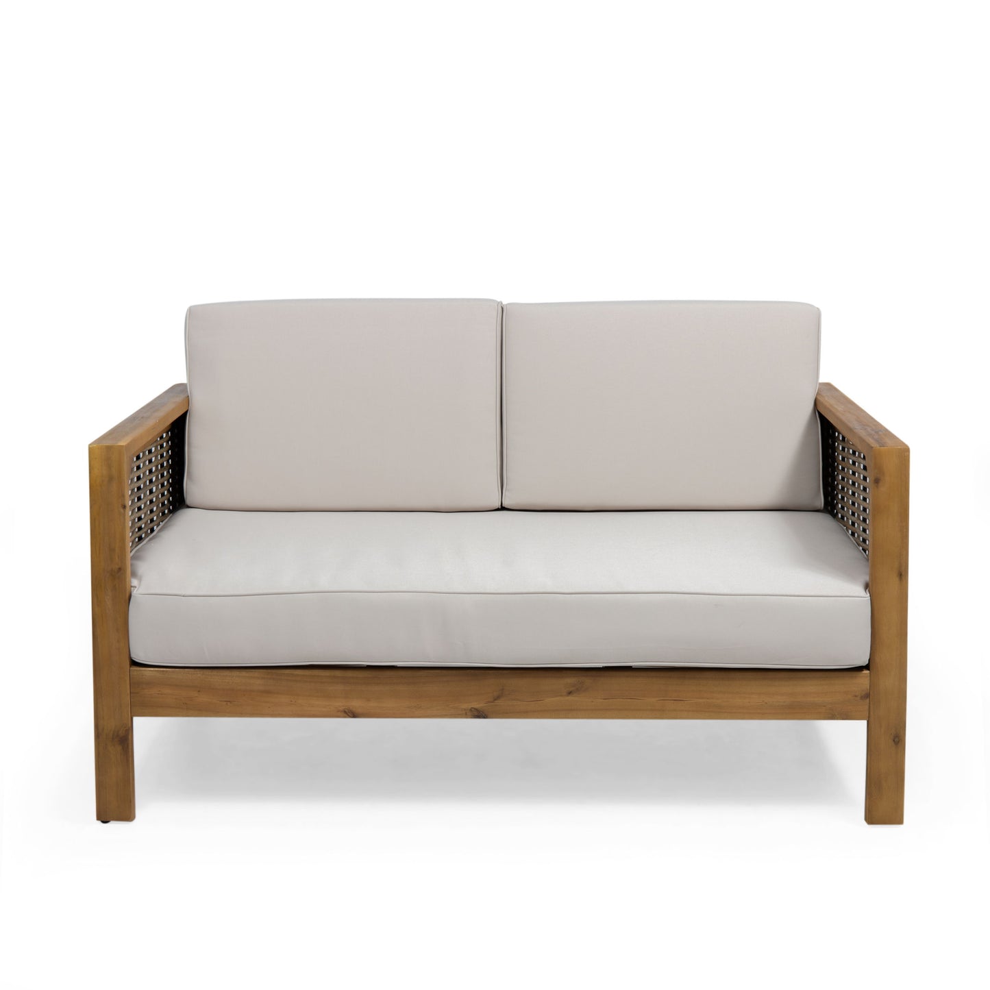 Outdoor 4 Seater Acacia Wood Chat Set With Wicker Accents And Cushions - Teak / Mixed Brown / Beige