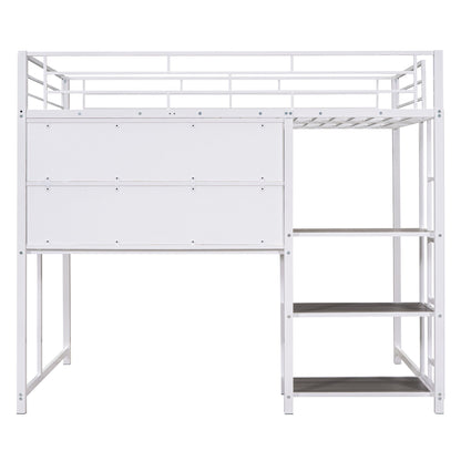 Full Size Loft Bed With Desk And Whiteboard, Loft Bed With 3 Shelves And Ladder - White