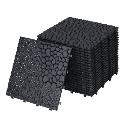 Interlocking Deck Tiles Plastic Waterproof Outdoor All Weather Anti-Slip Bathroom Shower Balcony Porch Strong Weight Capacity Upto 440 Lbs, Pebble Stone Pattern Pack Of 12 - Black