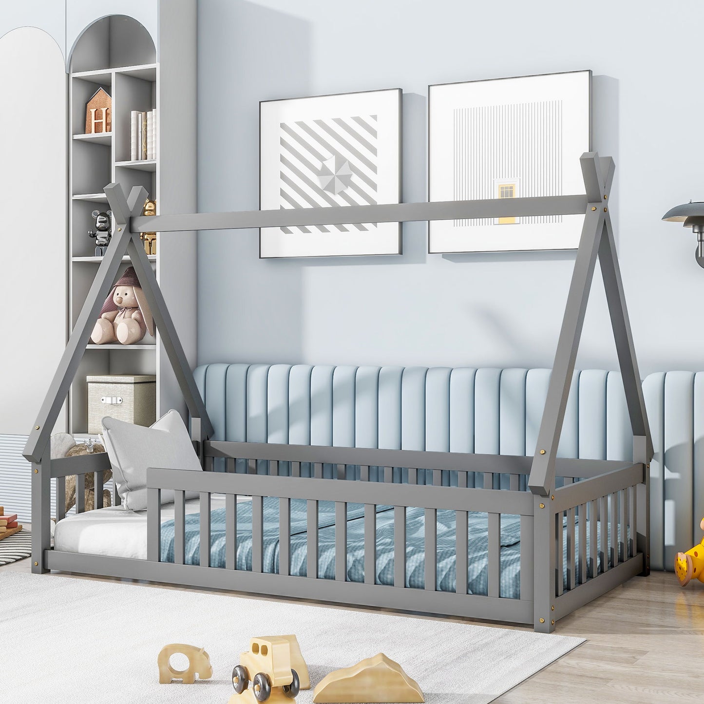 Twin Tent-Shaped Floor Bed, Teepee Bed With Guardrails, Slats - Gray