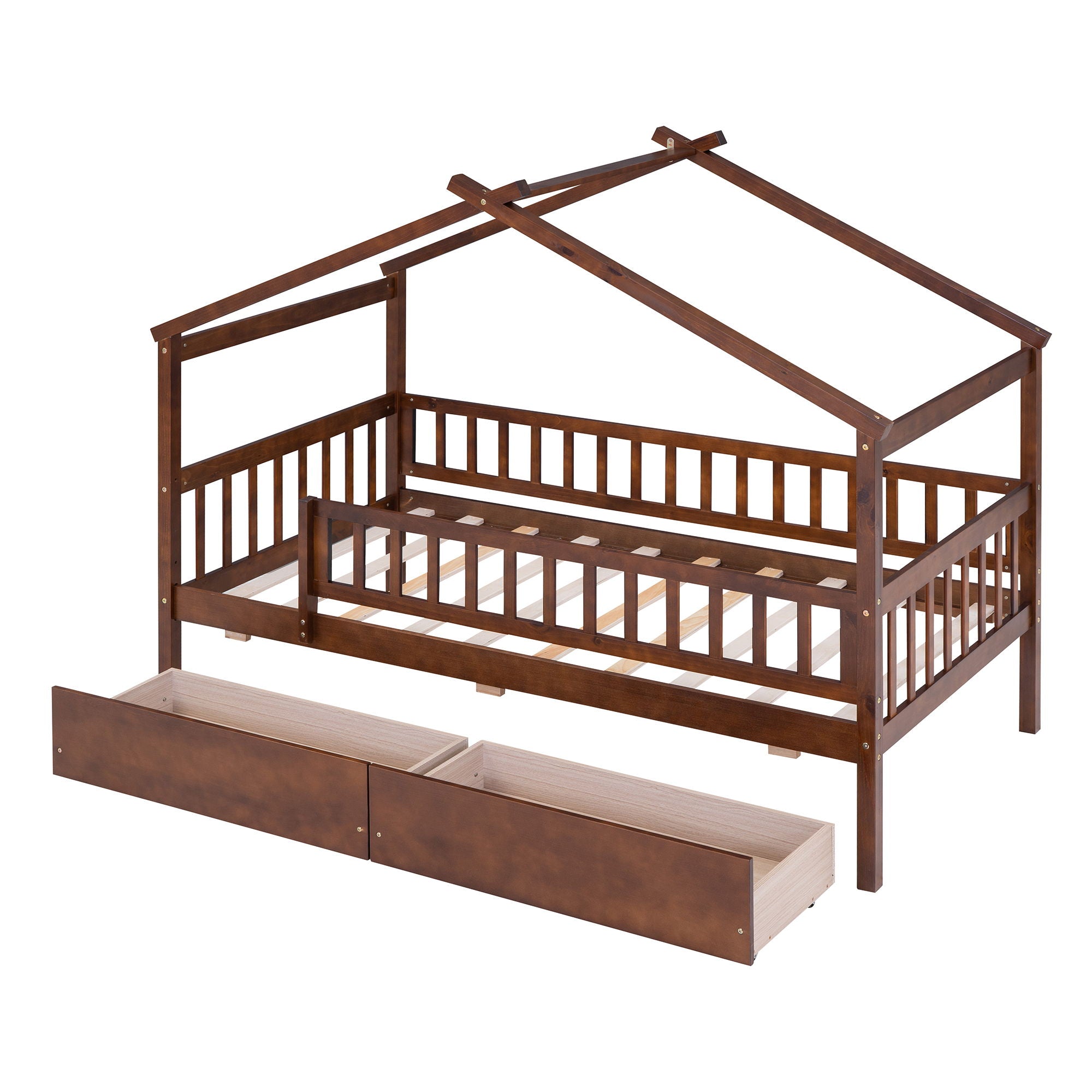 Twin Size House Bed With 2 Drawers - Walnut
