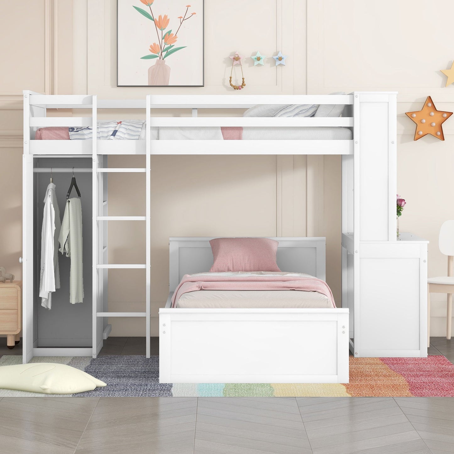 Twin Size Loft Bed With A Stand Alone Bed, Shelves, Desk, And Wardrobe - White