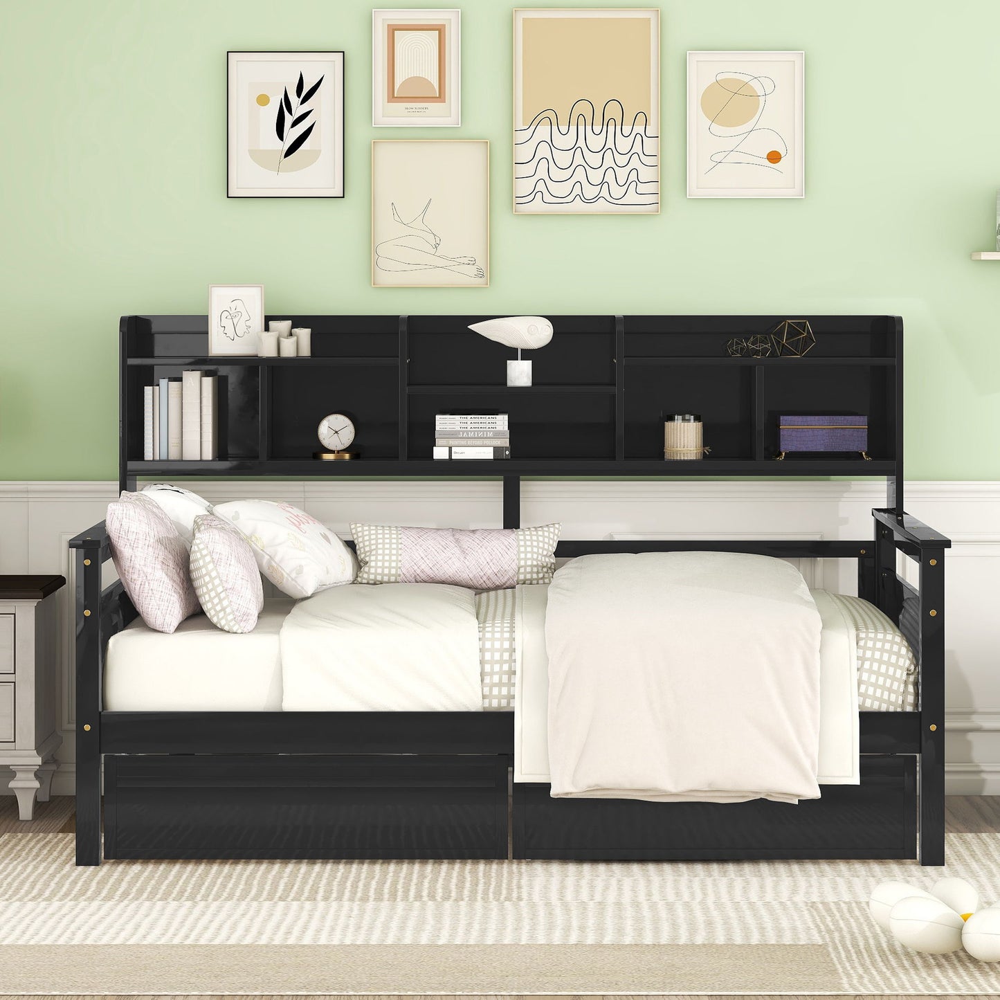 Twin Size Daybed, Slat Support, With Bedside Shelves And 2 Drawers - Espresso