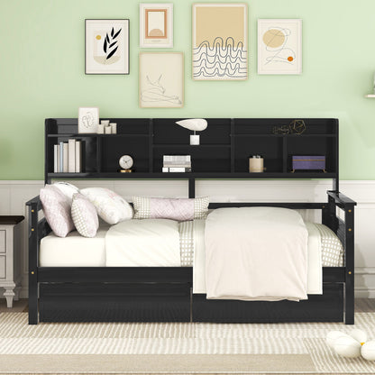 Twin Size Daybed, Slat Support, With Bedside Shelves And 2 Drawers - Espresso